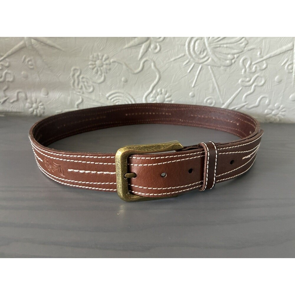 Bed Stu Women's Belt S Small Leather White Stitching Flower Embossing Brass